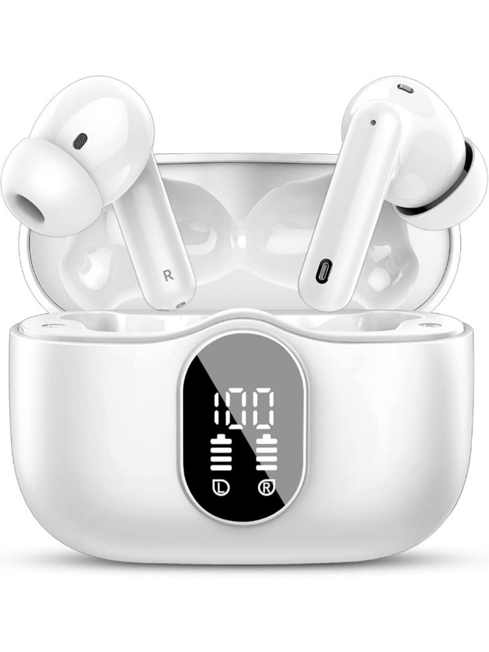 Bluetooth 5.4 Wireless Earbuds, Bass Stereo Headphones for Clear Calls, White